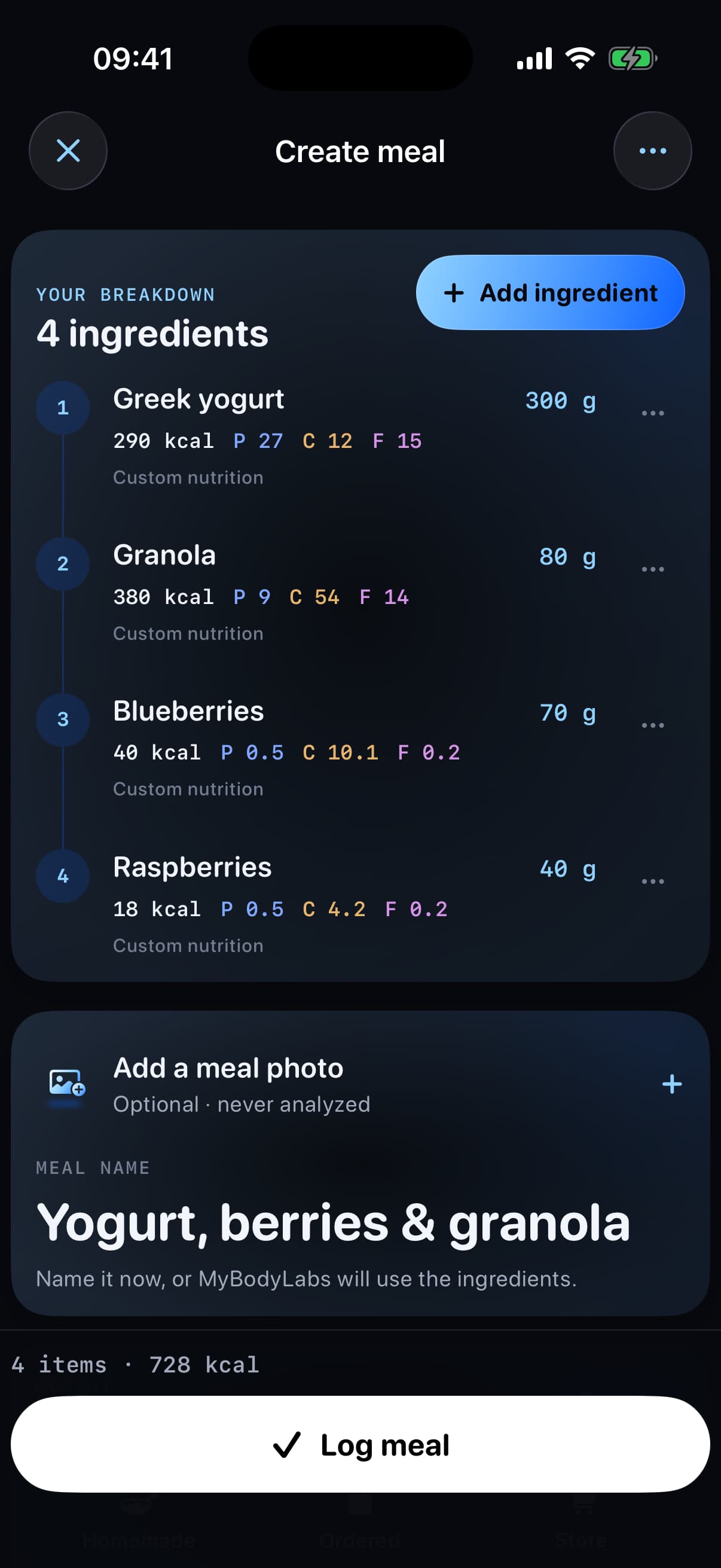 A real MyBodyLab manual meal screen with fictional food entries, adjustable amounts, calorie and macro totals, and a meal logging action.