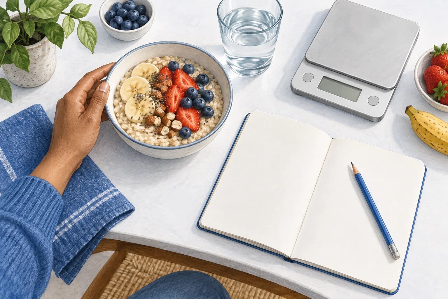 An illustrated breakfast bowl with fruit, water, a kitchen scale and an open blank notebook.