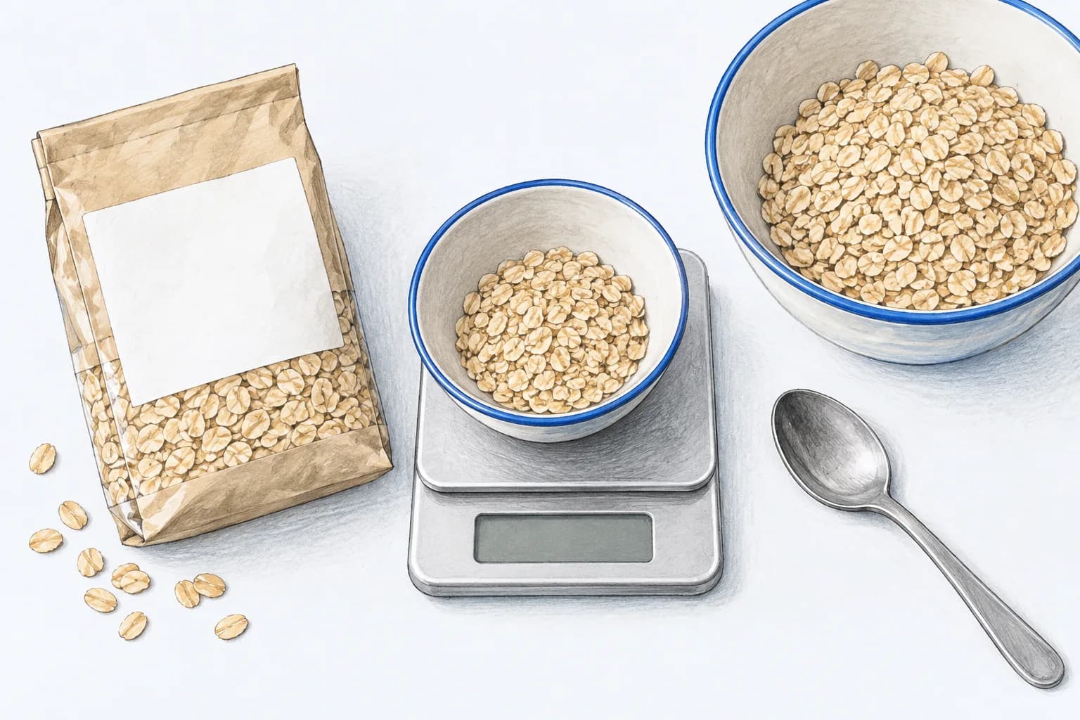 An illustrated kitchen scale, food package and two different portions, showing that the amount eaten must match the amount used in a nutrition calculation.