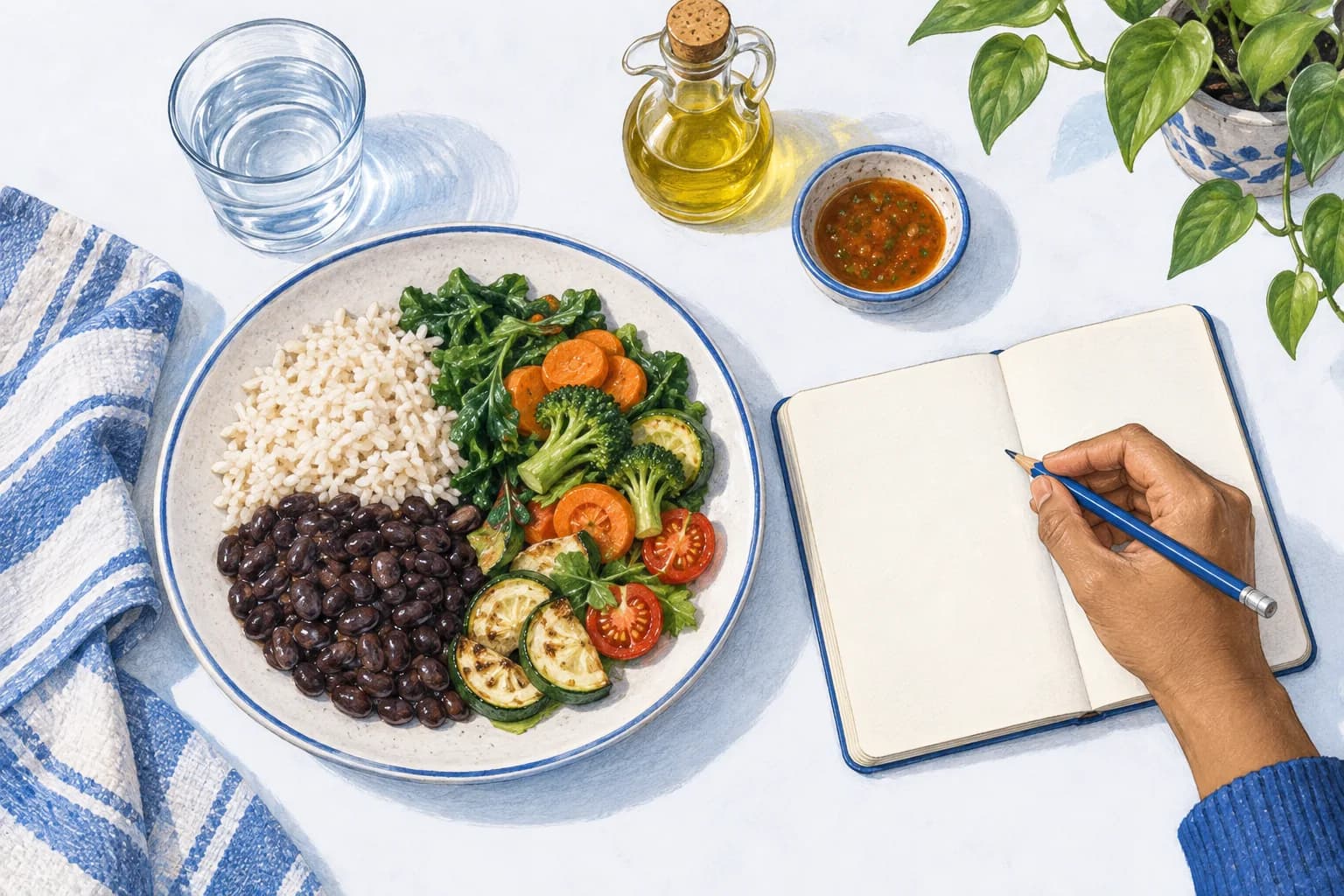 An illustrated lunch with rice, beans, vegetables, an oil bottle, a sauce dish and water beside an open notebook.