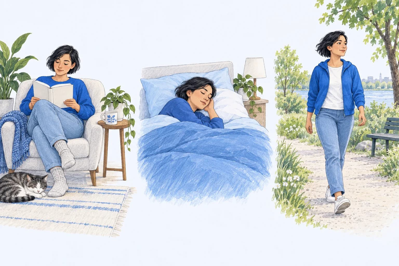 A fictional adult reads in a chair, sleeps under a blue blanket and walks outside.