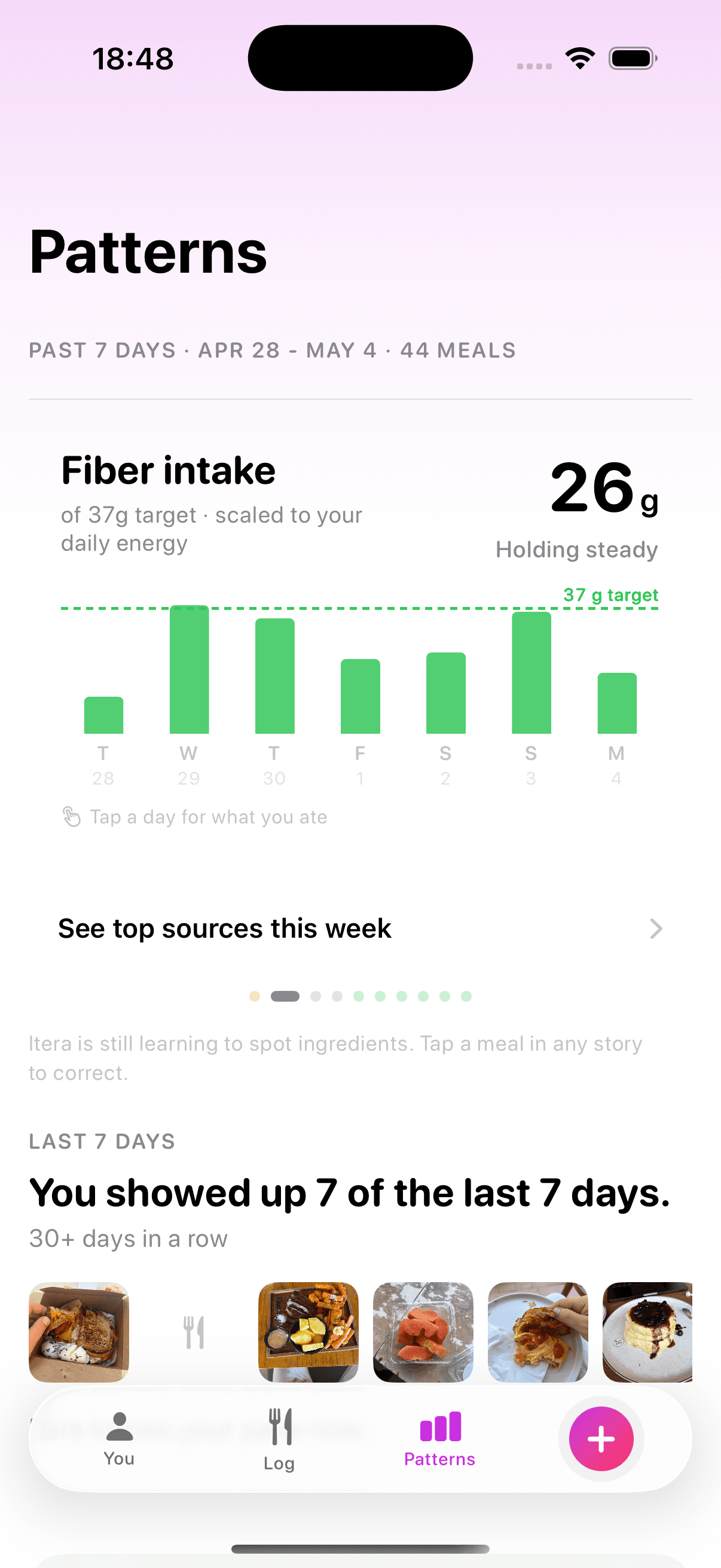 Itera Patterns tab showing fiber intake at 26g of 37g target, holding steady, with a 7-day bar chart