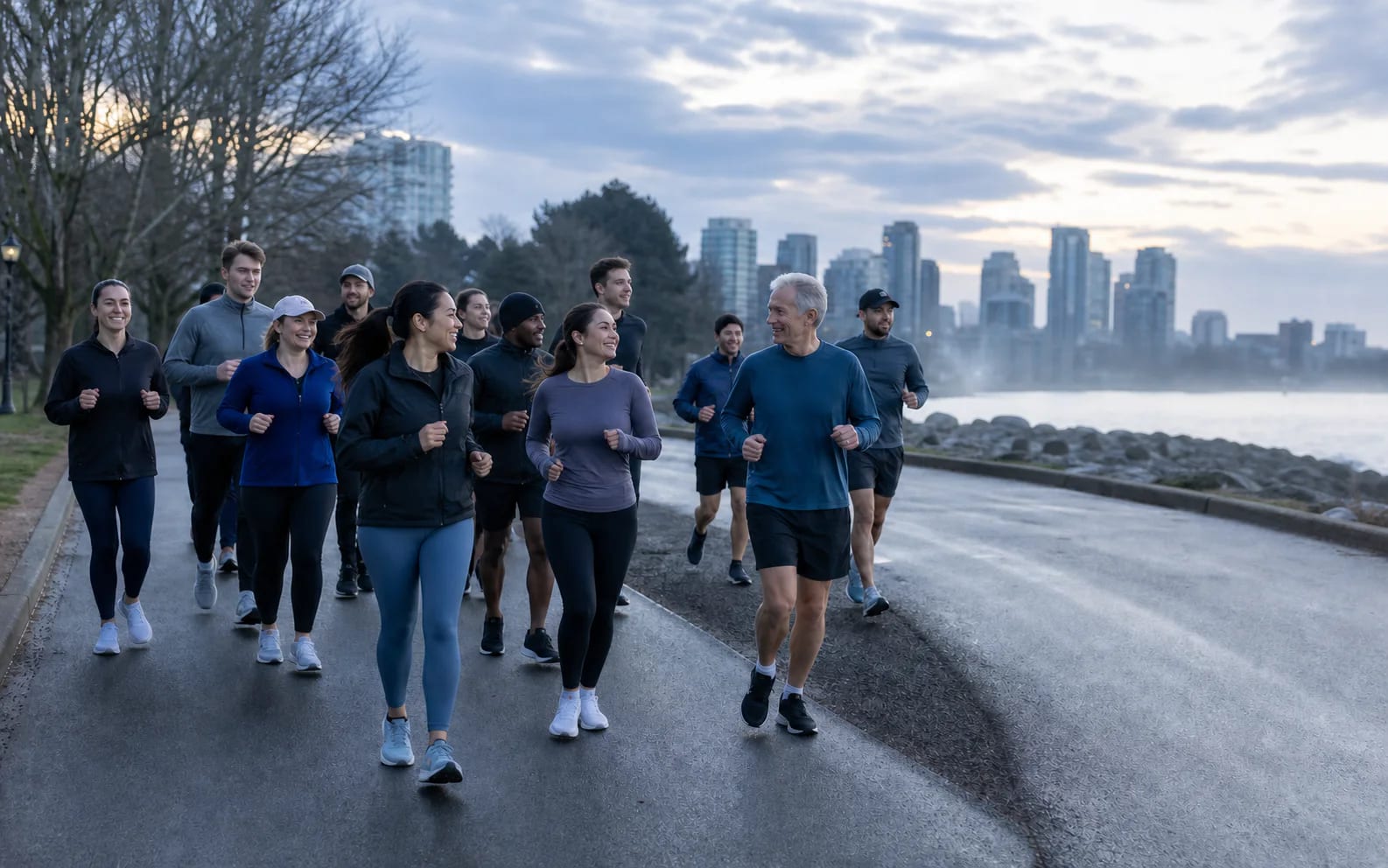 AI-generated editorial scene of adults walking and running together at different paces; not Runnie members.