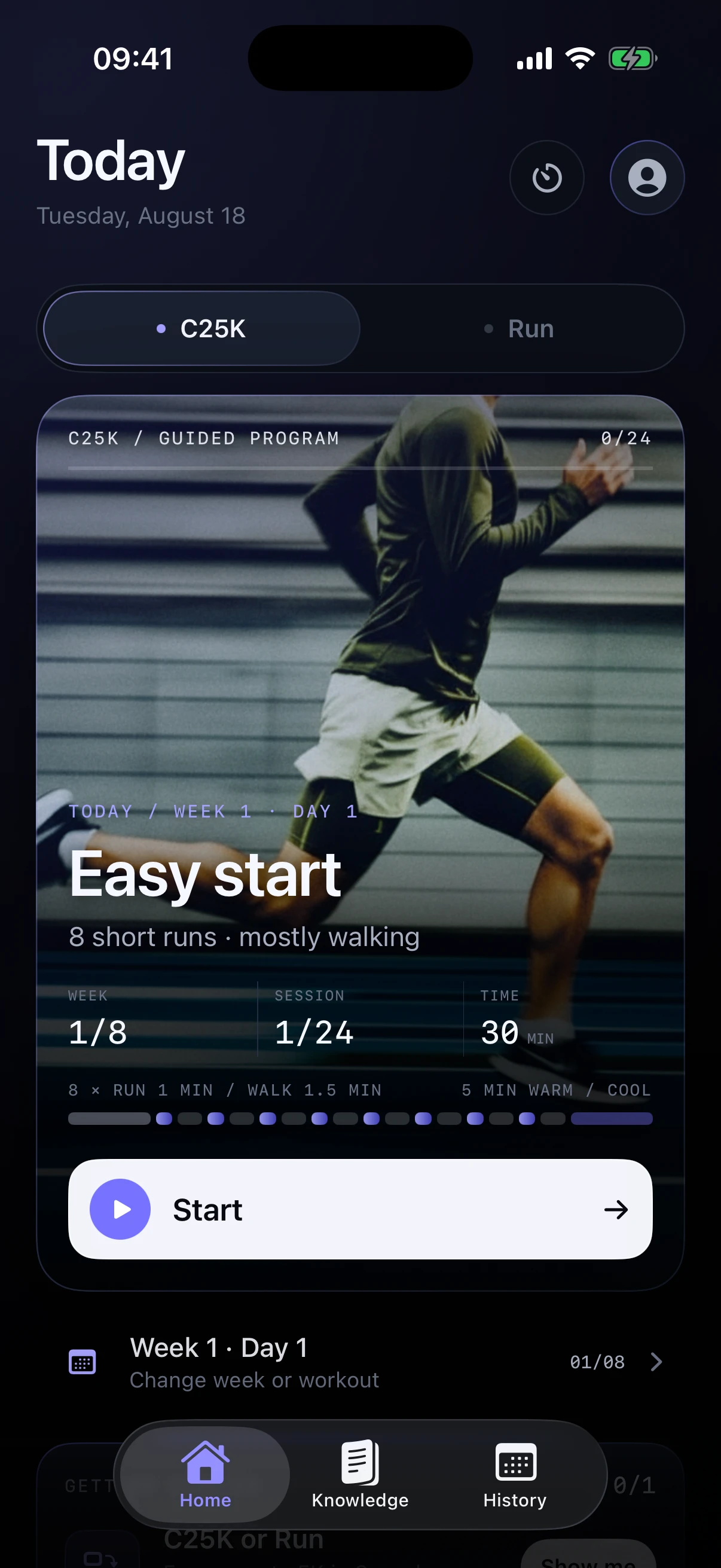 Runnie Week 1 Day 1: eight short runs, mostly walking, 30 minutes. Actual app screen.
