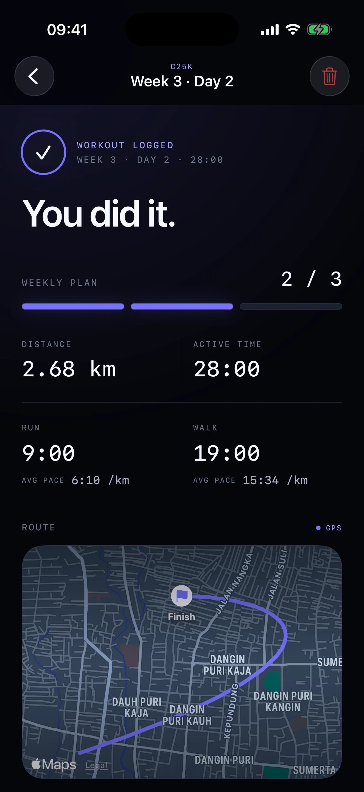 Saved Runnie workout example with run and walk time, distance, pace and route. Demonstration data.